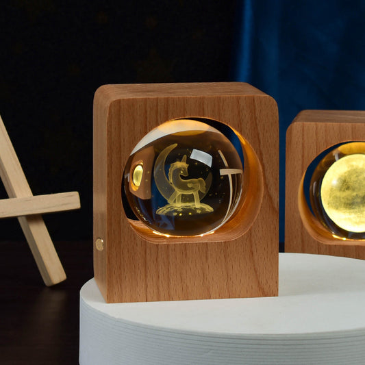 3D Crystal Ball Night Light – USB Dimmable Beech Wood Lamp