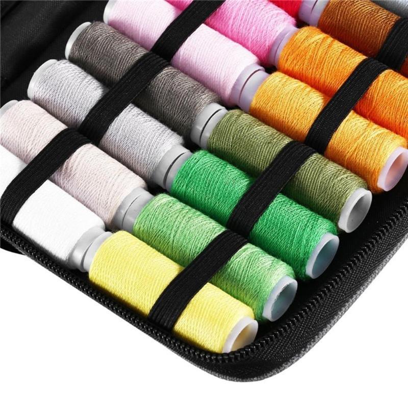 Set of colorful thread spools in a black case