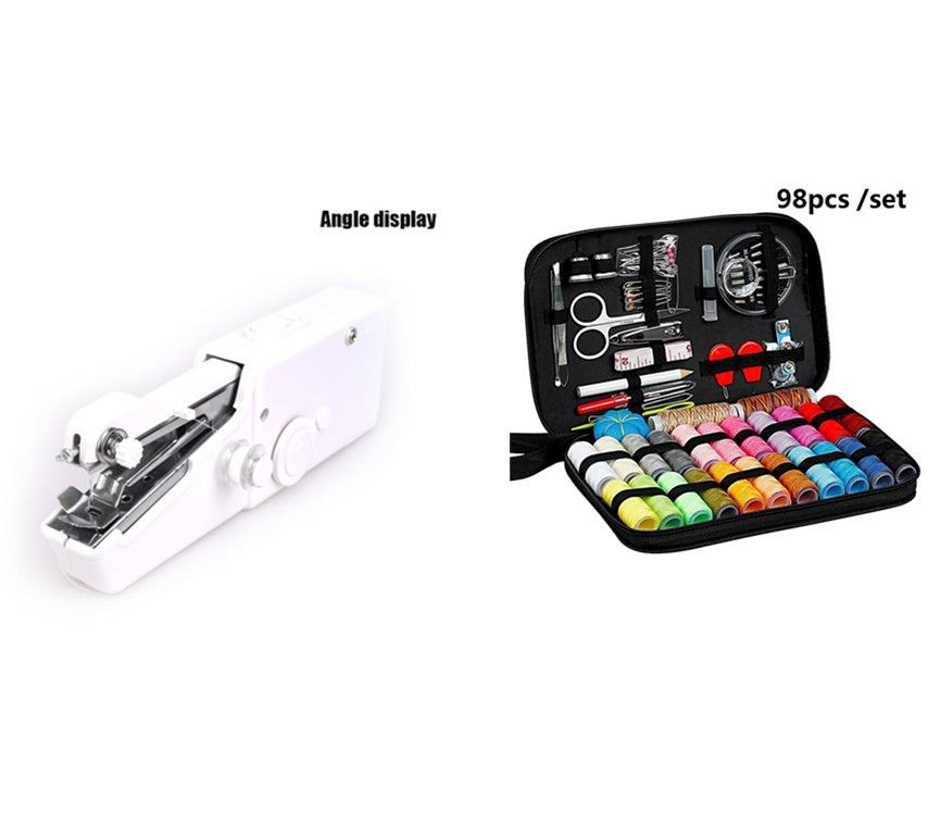 Sewing kit with colorful spools of thread and a white stapler on a white background