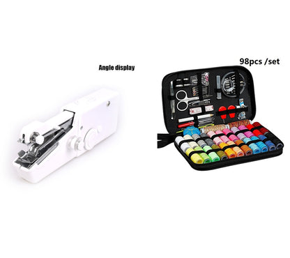 Sewing kit with colorful spools of thread and a white stapler on a white background
