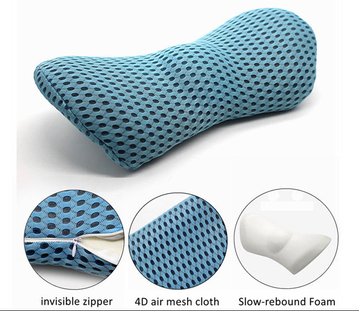 Blue ergonomic pillow with features highlighted on a white background