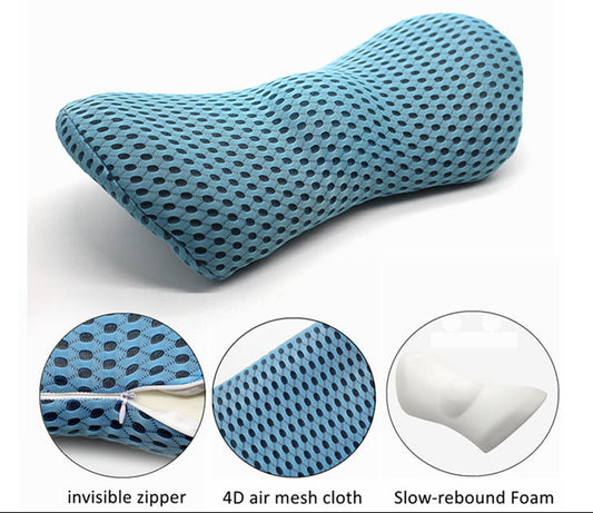 Blue ergonomic pillow with features highlighted on a white background