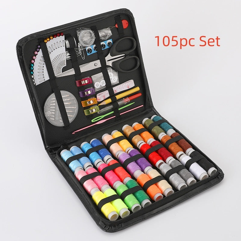 105-piece sewing kit with various tools and colorful thread spools on a white background.