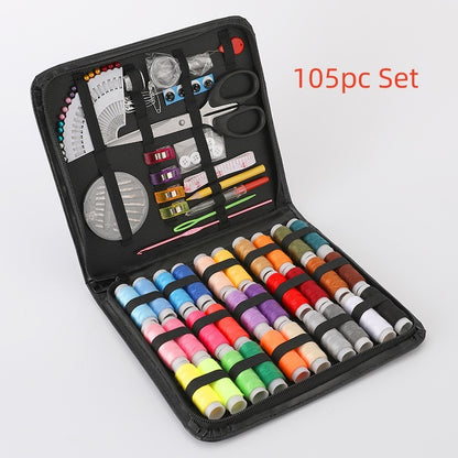 105-piece sewing kit with various tools and colorful thread spools on a white background.